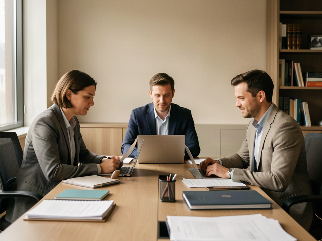 Colleagues working together at a desk in a law firm